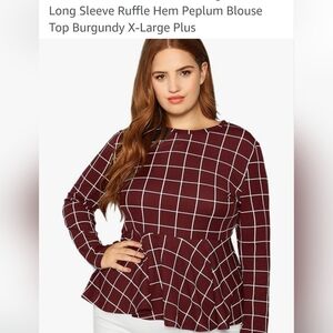Red windowpane peplum blouse, long sleeve